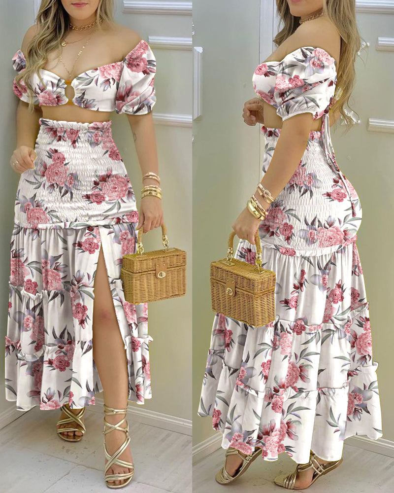 Floral Print Crop Top and High Waist Maxi Skirt Set