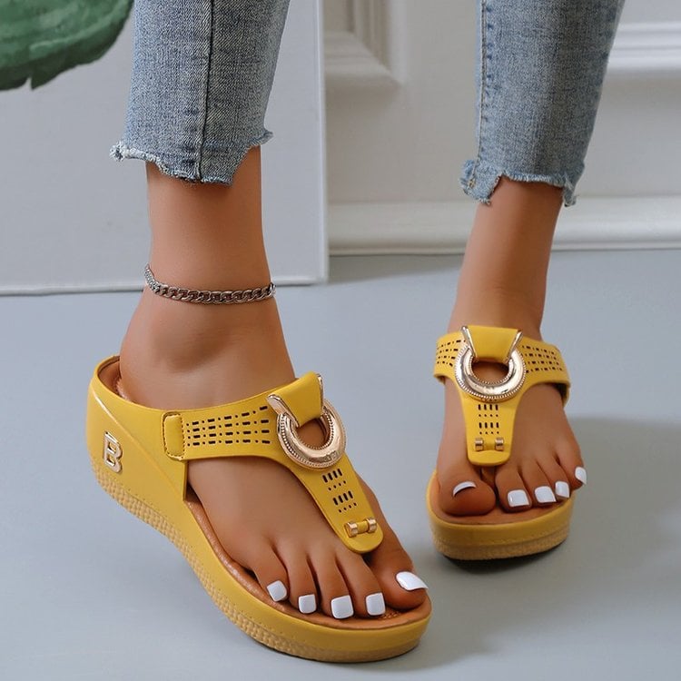 Metal Decorative High Heel Wedge Thong Sandals for Women