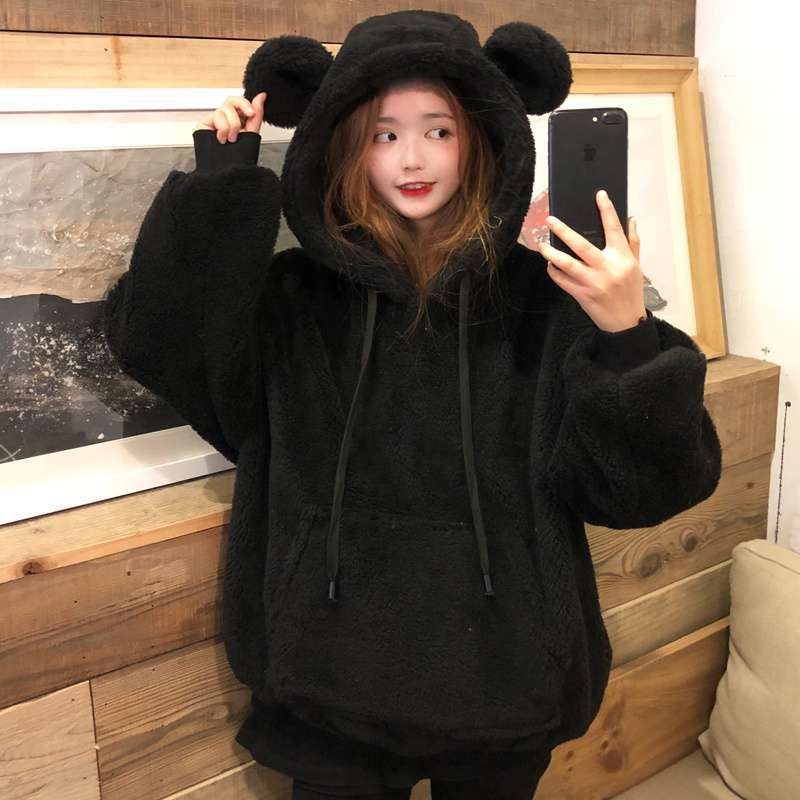 Bear Ears Hooded Fleece Sweater in Lamb Wool