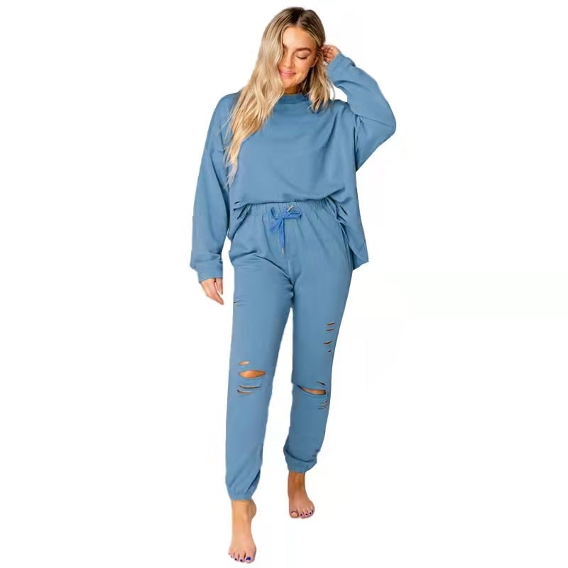 Women's Ripped Round Neck Cotton Sweatshirt & Pants Set | Streetwear