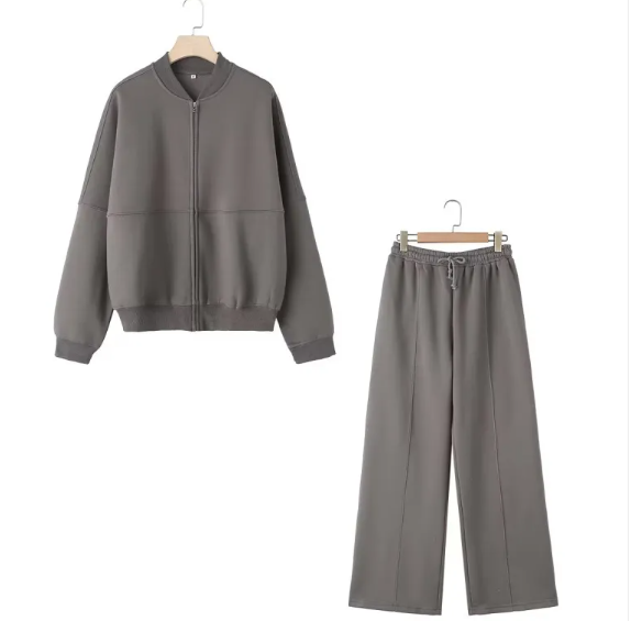 Zipper Bomber Jacket & High Waist Flannel Pants Set
