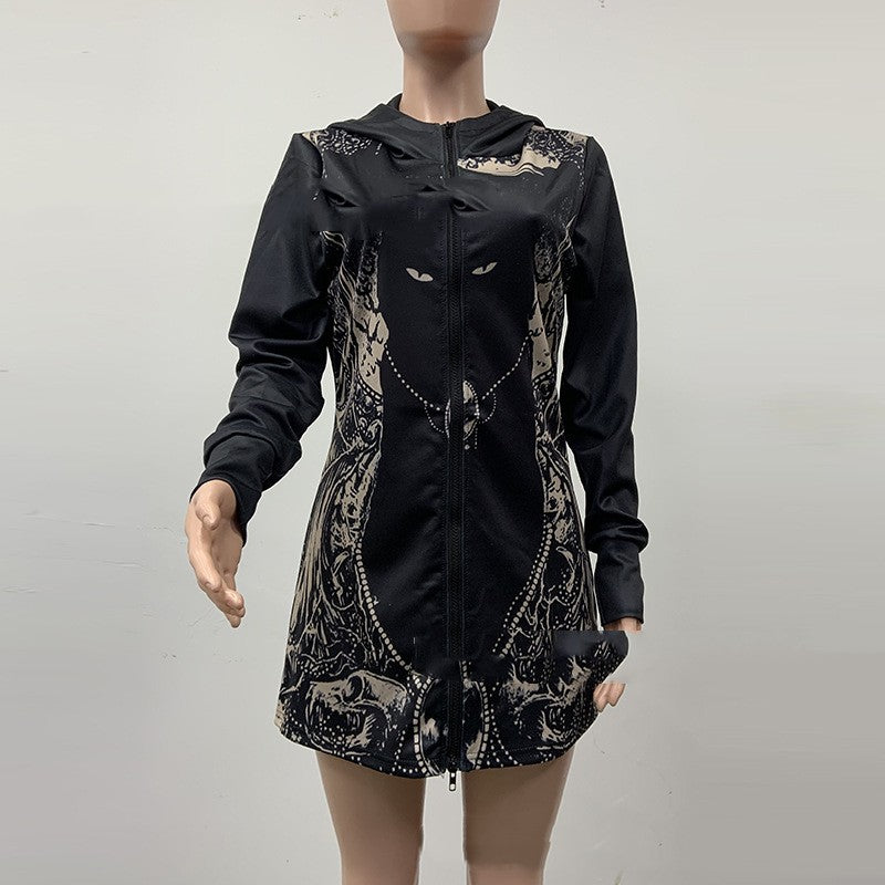 Casual Loose Long Sleeve Hooded Jacket (Printed)