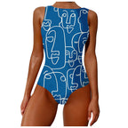 Women's Abstract Print High Neck Backless Swimsuit