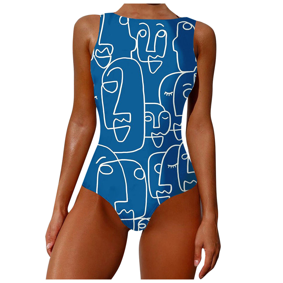 Women's Abstract Print High Neck Backless Swimsuit