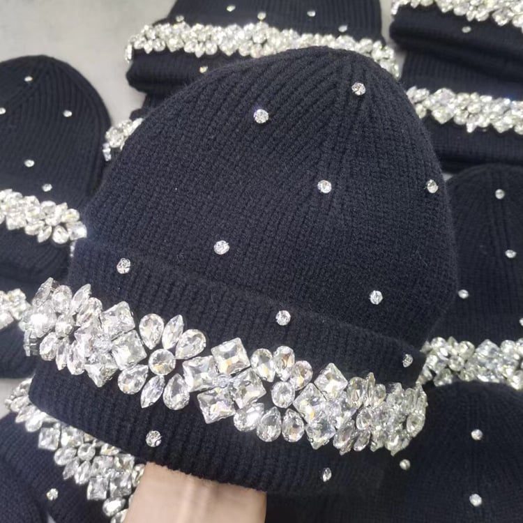 Hand-Sewn Rhinestone Letter Wool Hat | Embroidered Cap