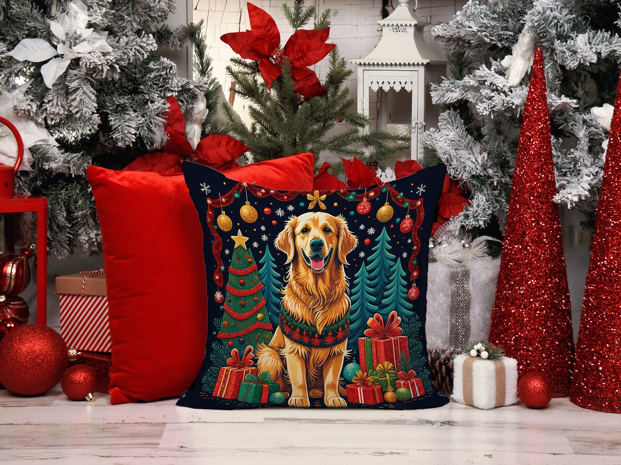 Golden Retriever Christmas Throw Pillow