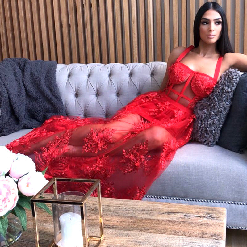 Lace-Trimmed Mesh Maxi Dress with Spaghetti Straps