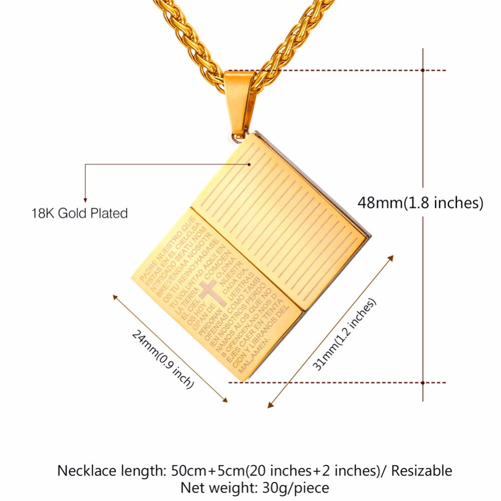 Lord's Prayer Cross Pendant Necklace - Stainless Steel Christian Jewelry