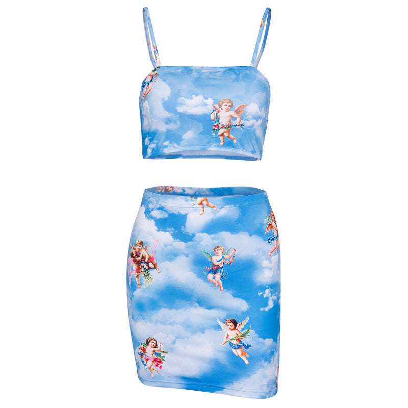 Mesh Two-Piece Set with Sexy Cupid Print Dress