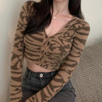 American Retro Leopard V-Neck Knitted Cardigan for Women