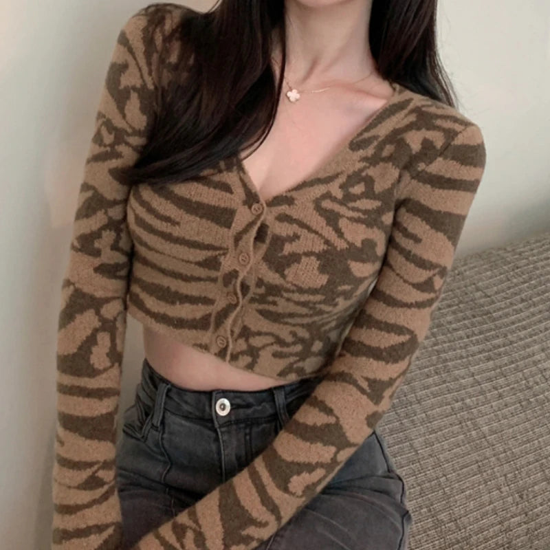 American Retro Leopard V-Neck Knitted Cardigan for Women