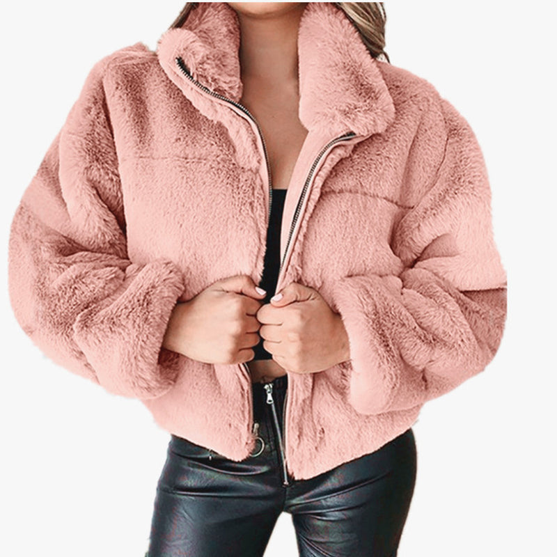 Elegant Women's Faux Fur Coat with Zipper and Collar