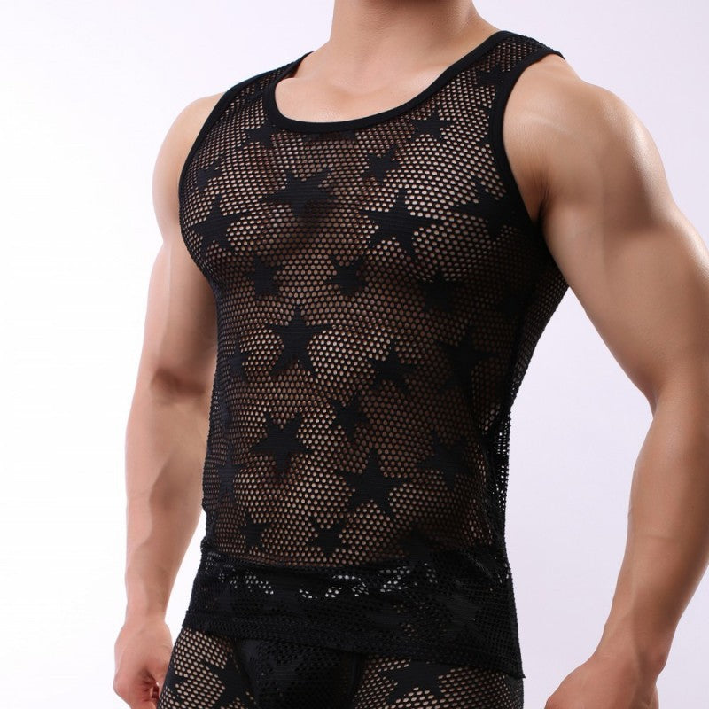 Star Mesh Tank Top, Sheer Hole Sleeveless Shirt