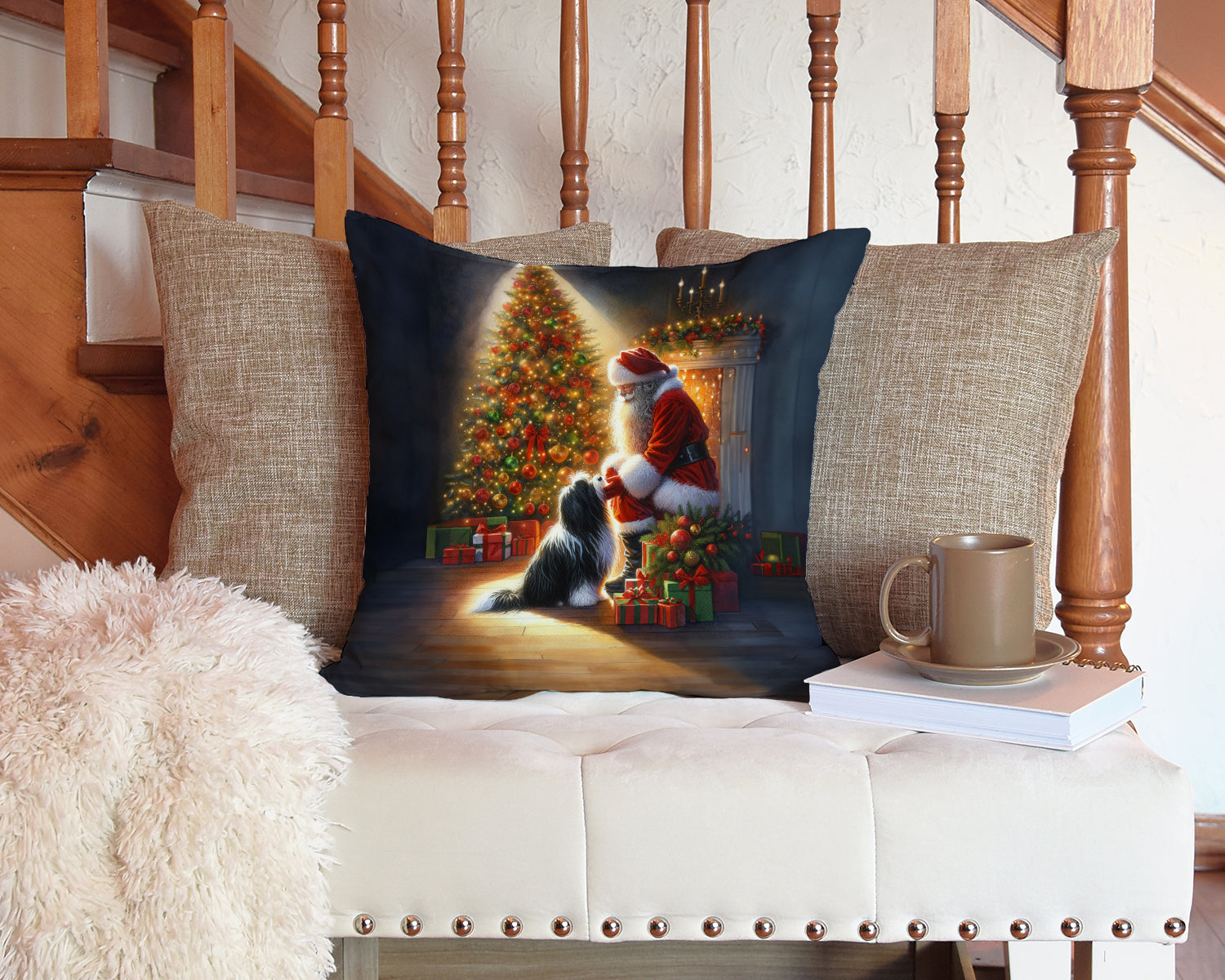 Tibetan Terrier and Santa Claus Throw Pillow