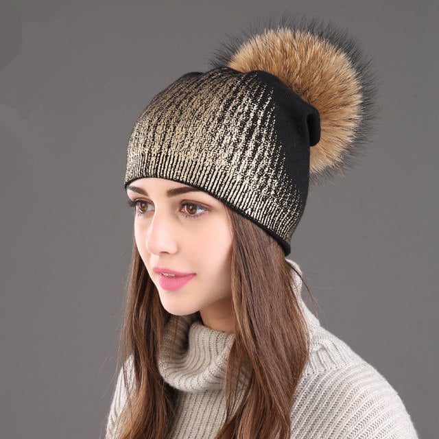 Warm Wool Knitted Hat for Women in Gold and Silver | Embroidered Cap