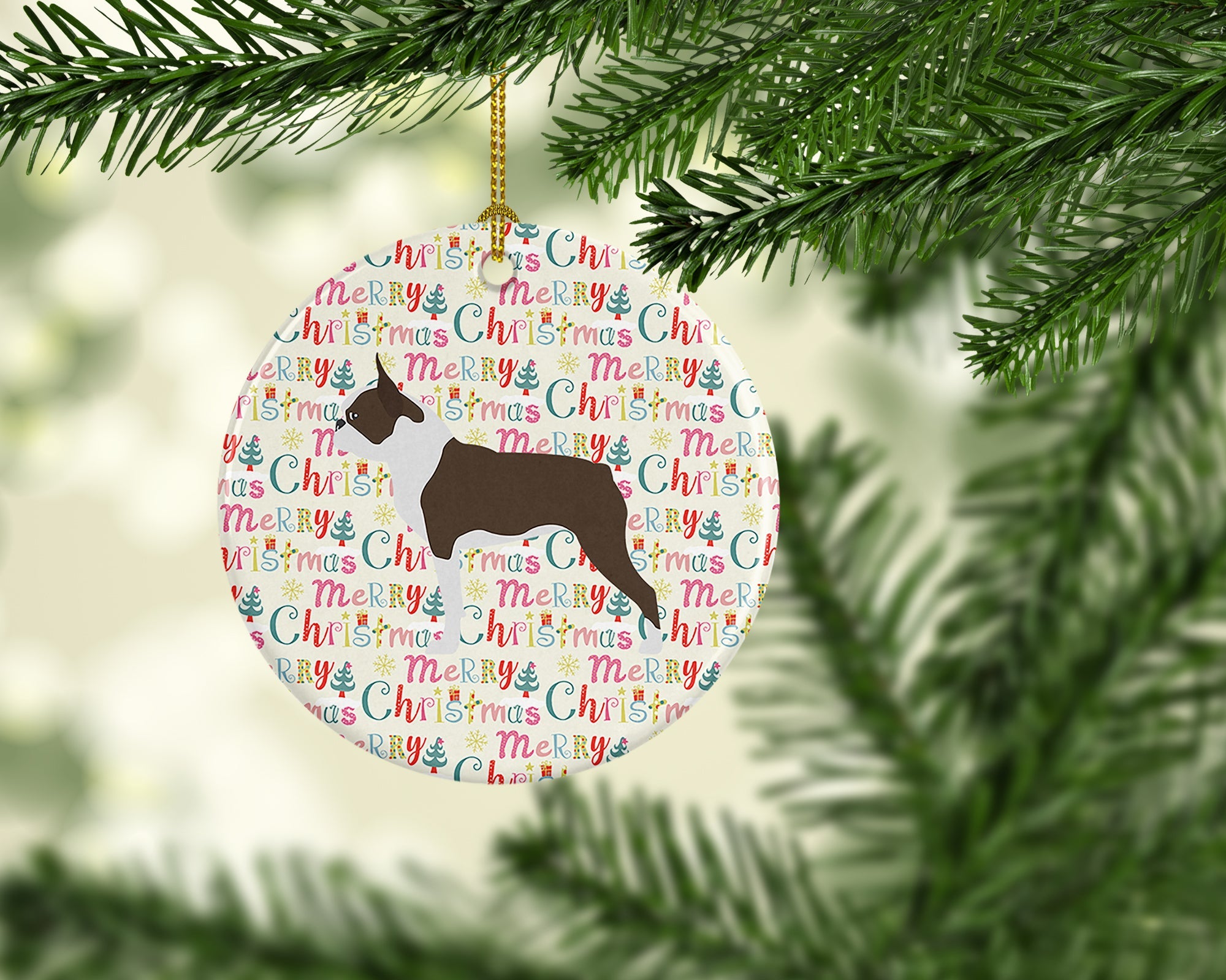 Boston Terrier Merry Christmas Ceramic Ornament