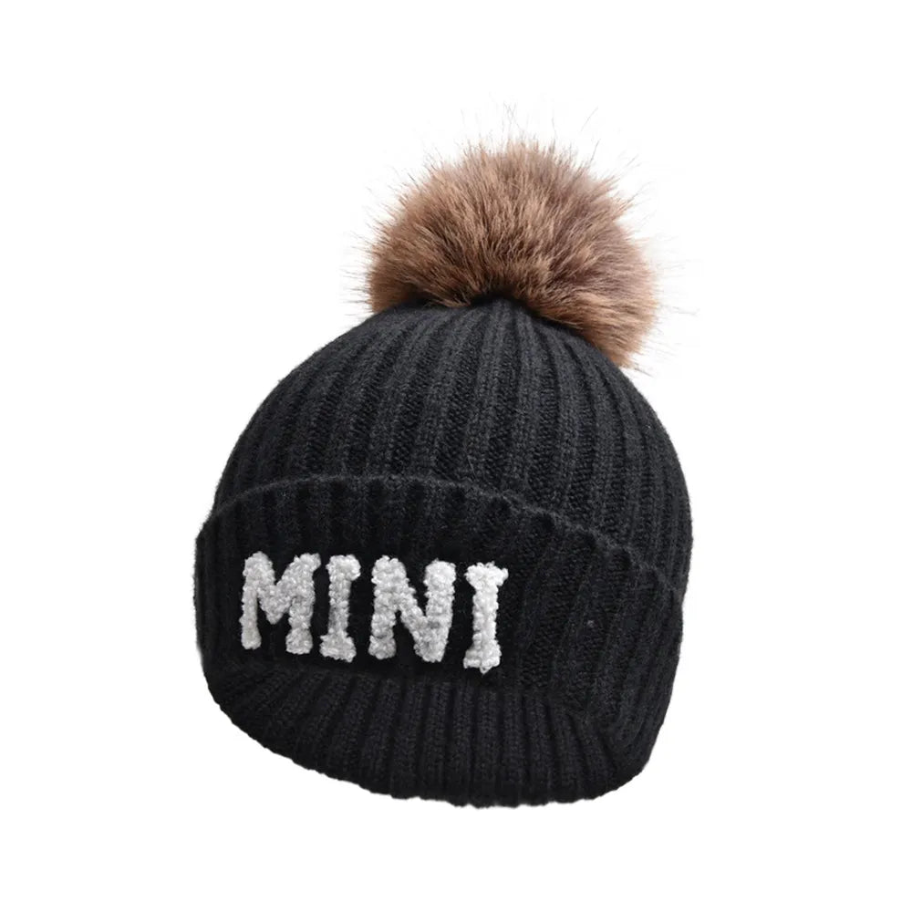 Kunyeah 3Pcs Parent-Child Beanie Hat Mama Papa Baby Matching Hats Winter Warm Cap with Pom-Pom Women Men Knitted Hat | Embroidered Cap