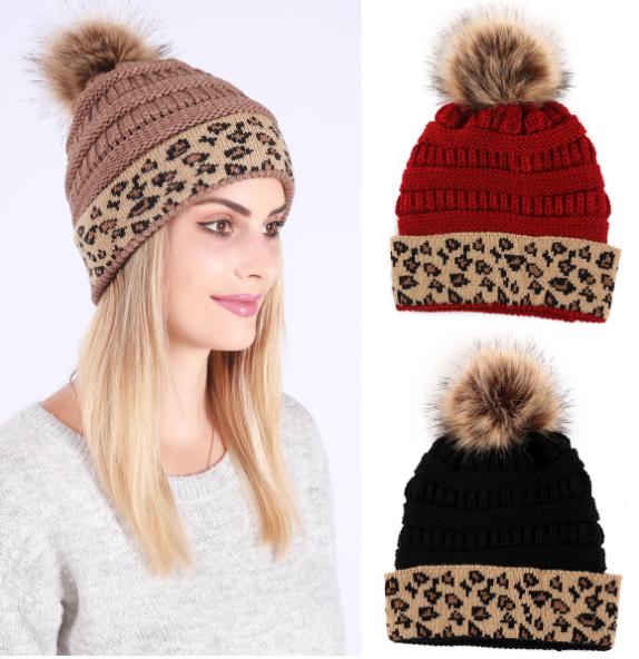 Warm Leopard Print Knitted Beanie Hat for Women | Embroidered Cap