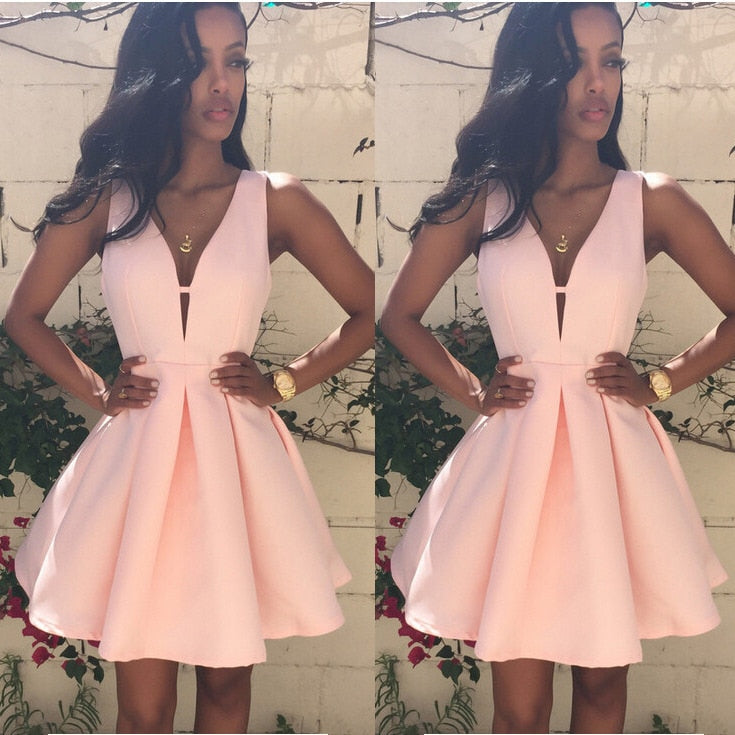 Backless Deep V Neck Sleeveless Fashion Dress in Pink