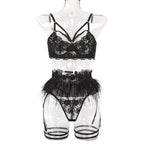 Lace and Feather Three-Piece Sexy Lingerie Set