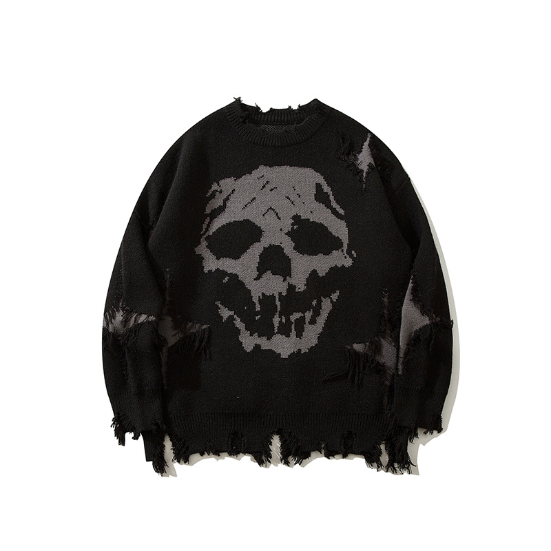 Men's Skull Jacquard Ripped Sweater