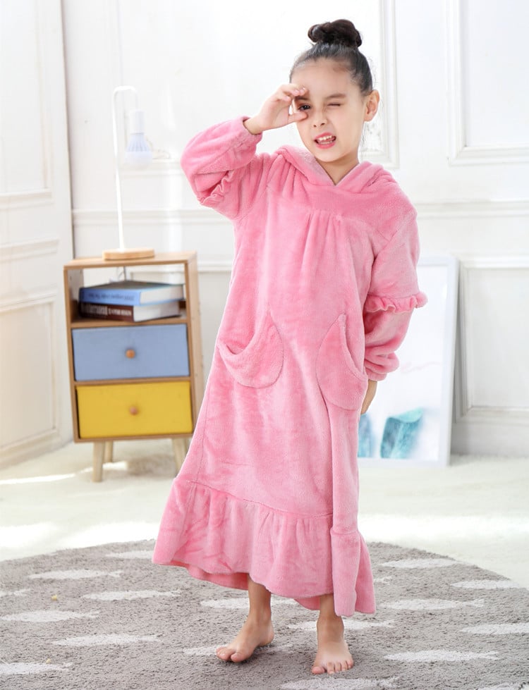 Warm Coral Fleece Hooded Nightdress with Pockets