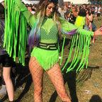 Fluorescent Color Fringe Performance Outfit with Mesh Bodysuit