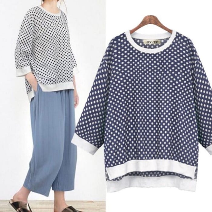 Polka Dot Round Neck Three-Quarter Sleeve Sweater
