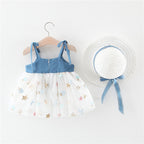 Summer Girls' Denim Dress with Bow and Hat | Embroidered Cap