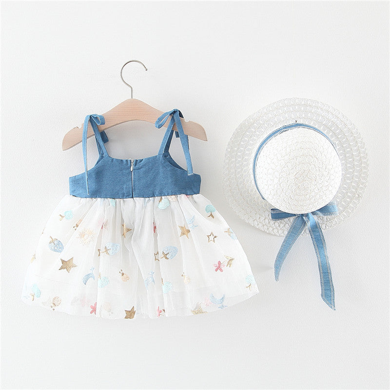 Summer Girls' Denim Dress with Bow and Hat | Embroidered Cap