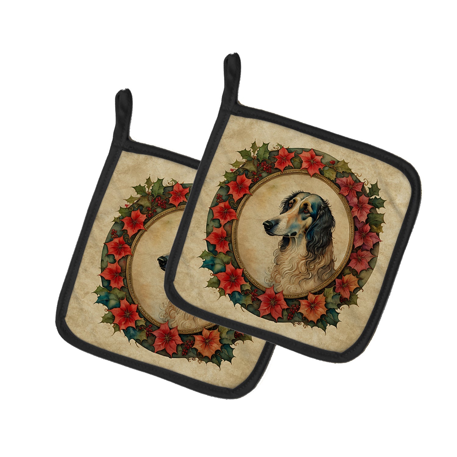 Borzoi Christmas Flowers Pair of Pot Holders