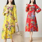 Cotton Linen Dress, Ethnic Style Mid-Length Dress