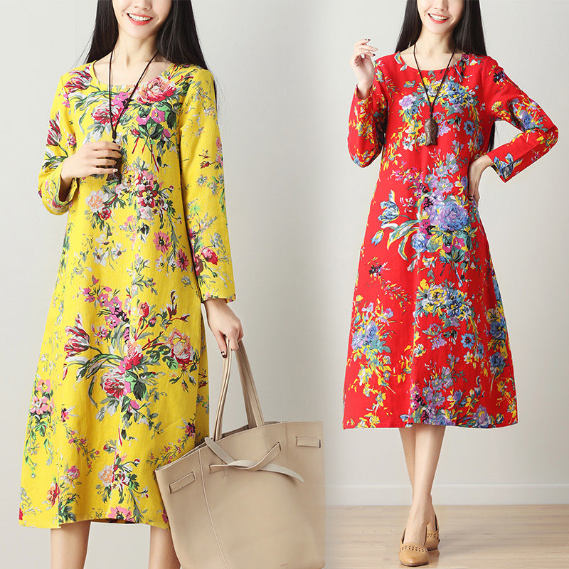 Cotton Linen Dress, Ethnic Style Mid-Length Dress