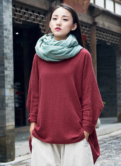 Cotton And Linen Breathable Retro National Long Sleeve Pullover T-shirt | Streetwear