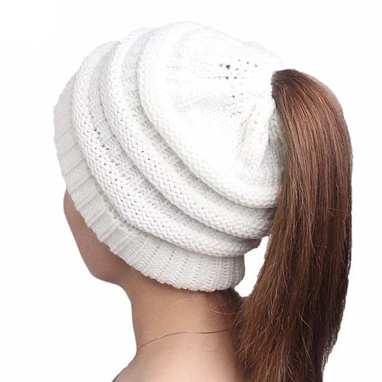 Pony Beanie Super Cute Cable Knit Hat | Embroidered Cap