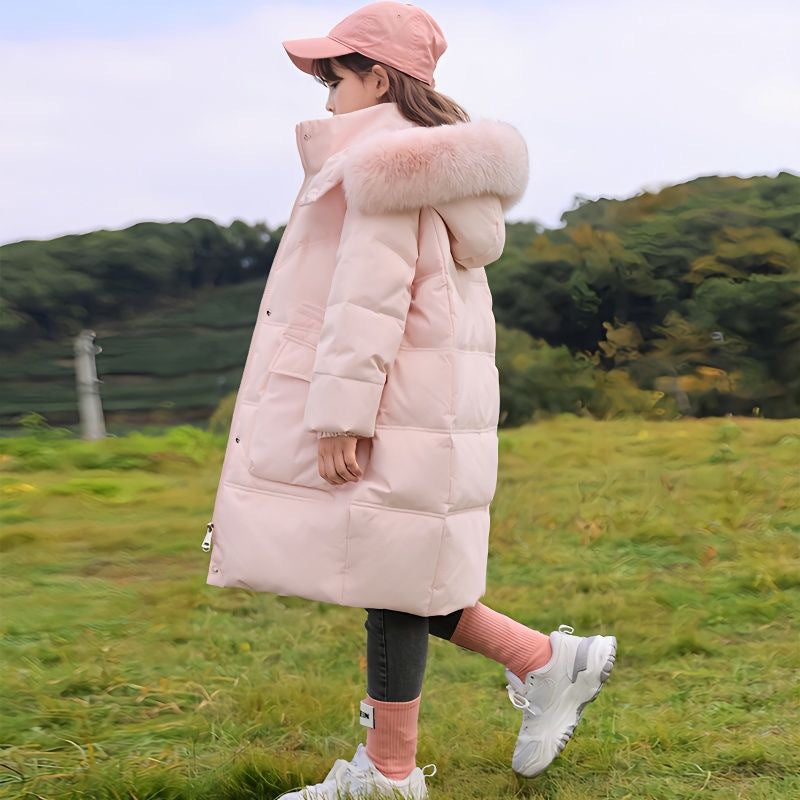 Girl's Mid-Length Western Style Down Coat with Fur Collar