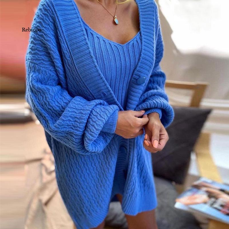Women's Autumn Long-Sleeved V-Neck Sweater Dress Set