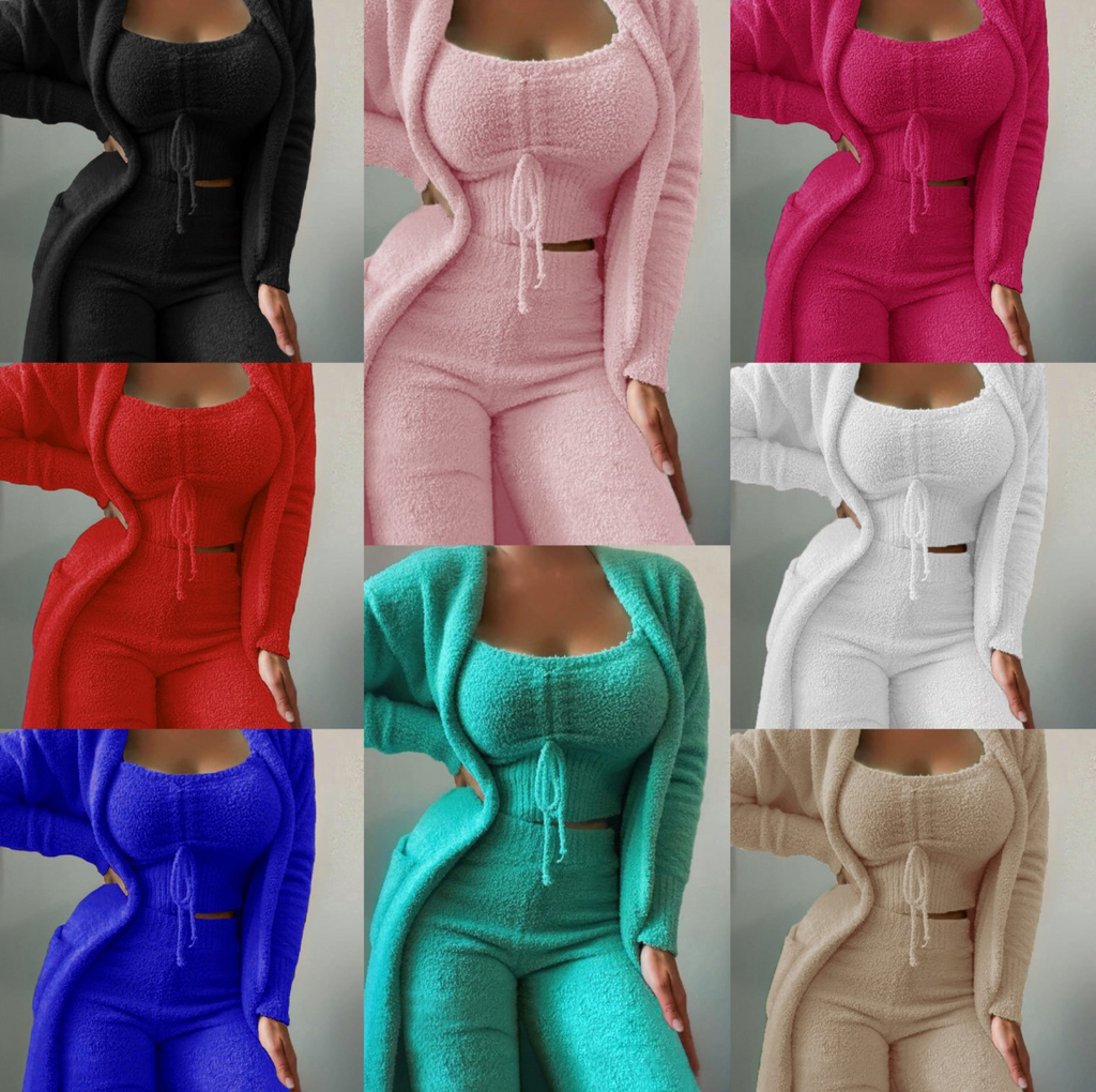 Plush Lace-up Cardigan 3-Piece Pantsuit