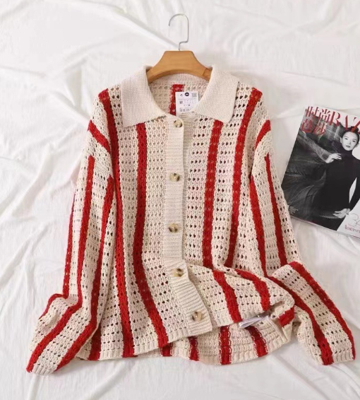 Striped Crochet Knit Cardigan with Lapel Design