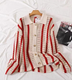 Striped Crochet Knit Cardigan with Lapel Design