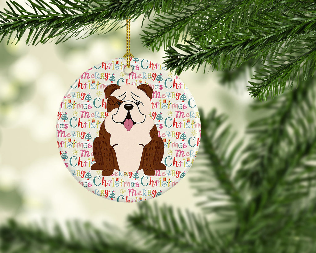 Merry Christmas English Bulldog Brindle White Ceramic Ornament