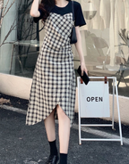 Splicing Plaid Short Sleeve Summer Dress for Women