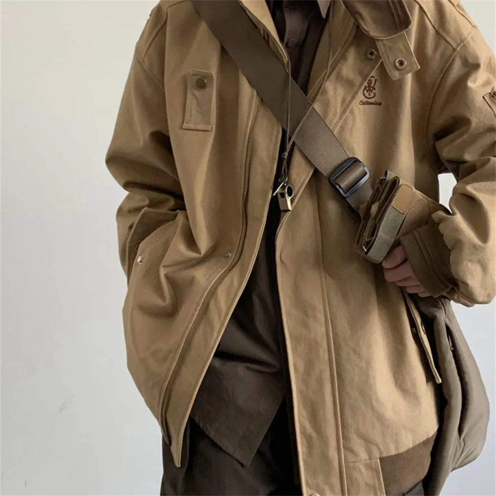 Retro Color Block Embroidery Workwear Coat Jacket