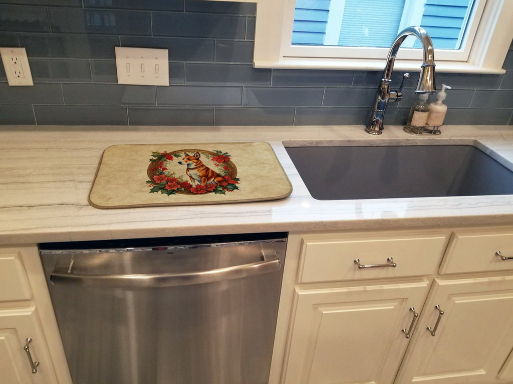 Basenji Christmas Flowers Dish Drying Mat