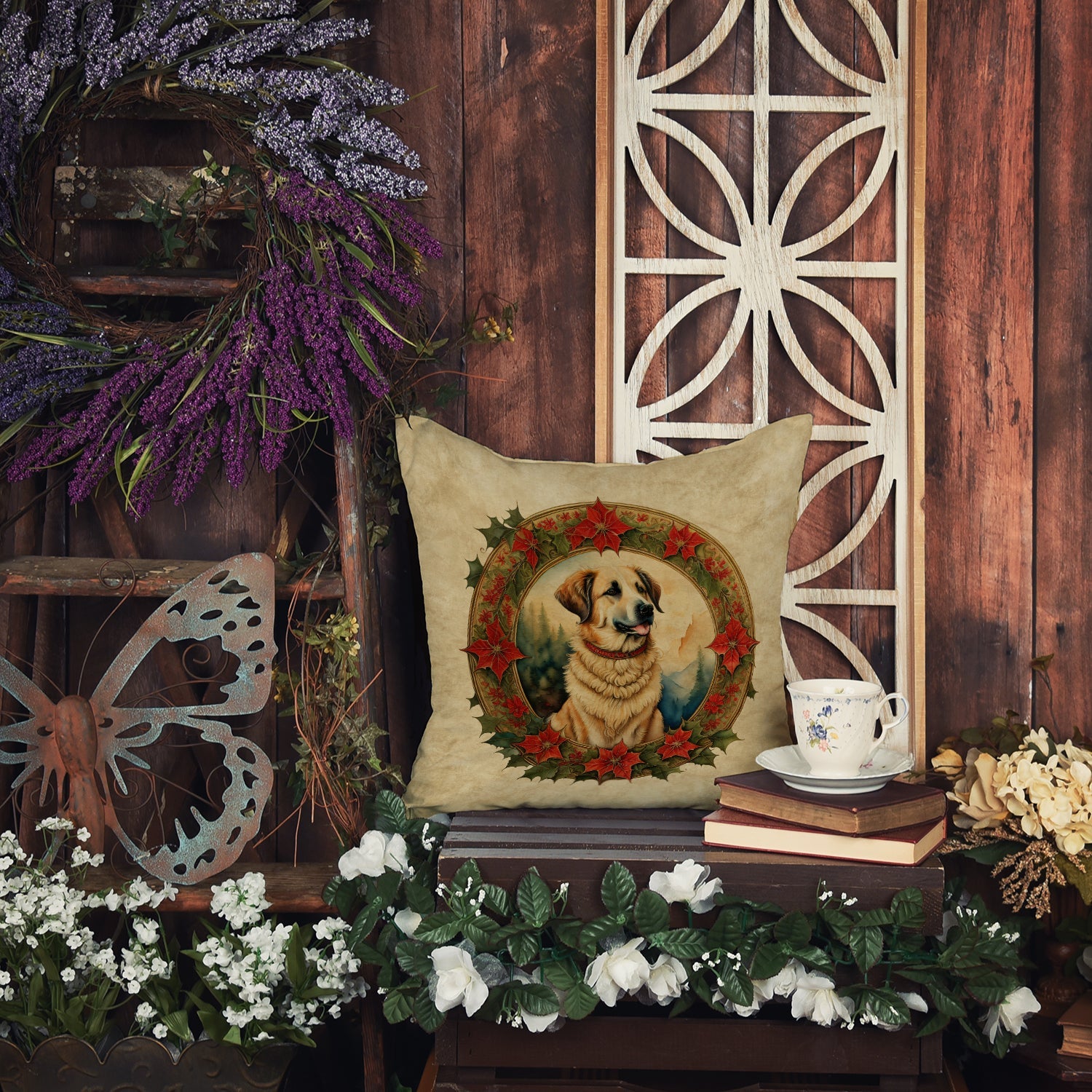 Anatolian Shepherd Dog Christmas Flowers Throw Pillow