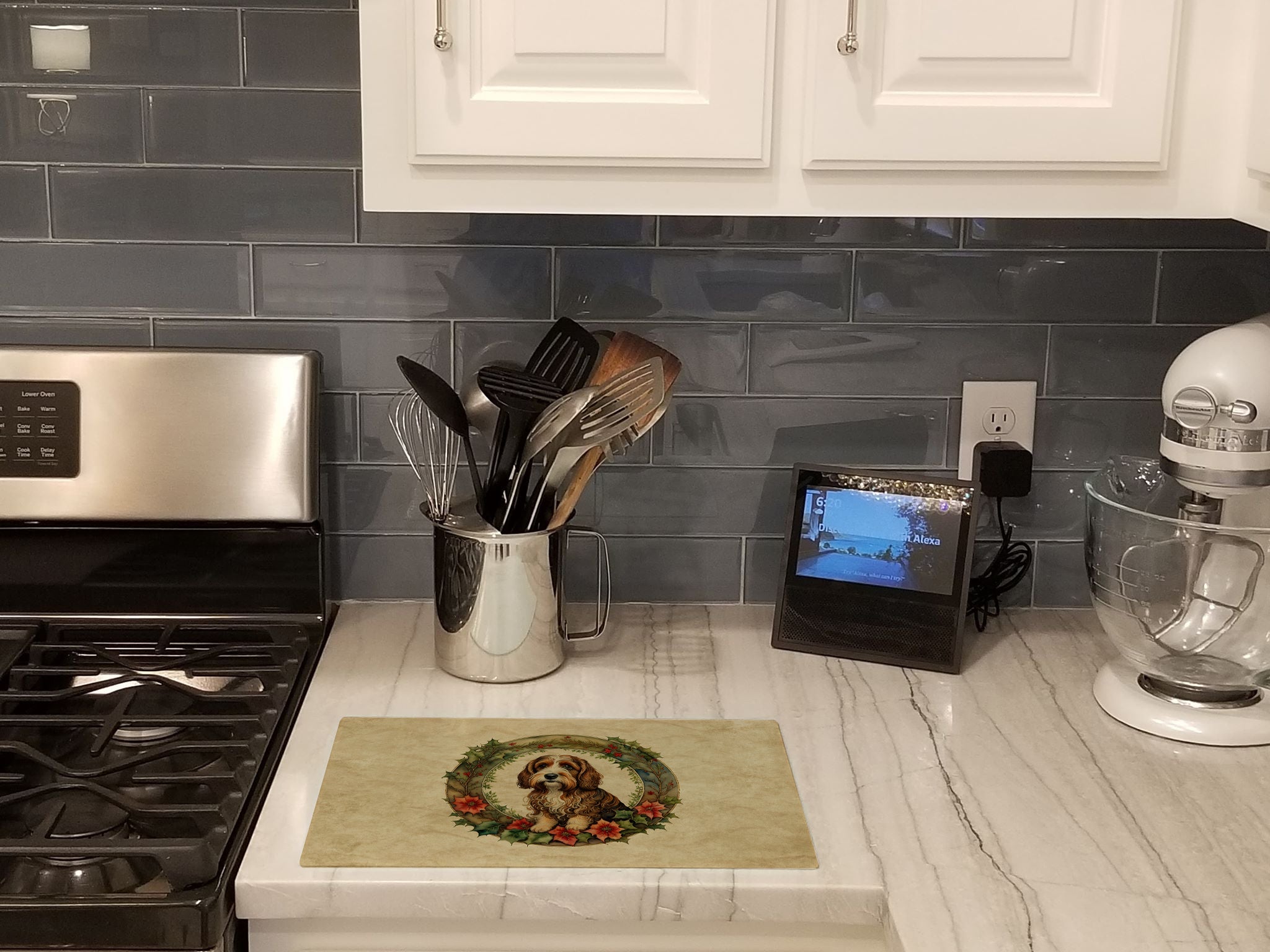 Petit Basset Griffon Vendeen Christmas Flowers Glass Cutting Board