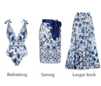 Blue Floral Print Swim Skirt and Bikini Set