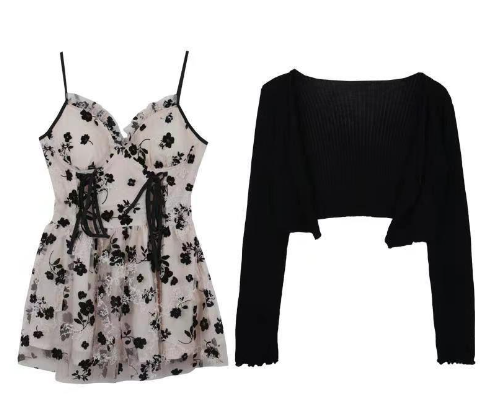 Vintage Floral Print Lace Up Slip Dress Cardigan Set