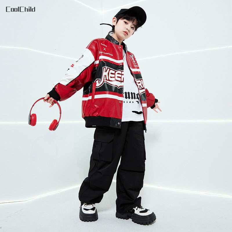 Boys Hip Hop Leather Jacket & Cargo Pants Set