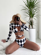 Women's Black and White Checkered Three-Piece Swimsuit